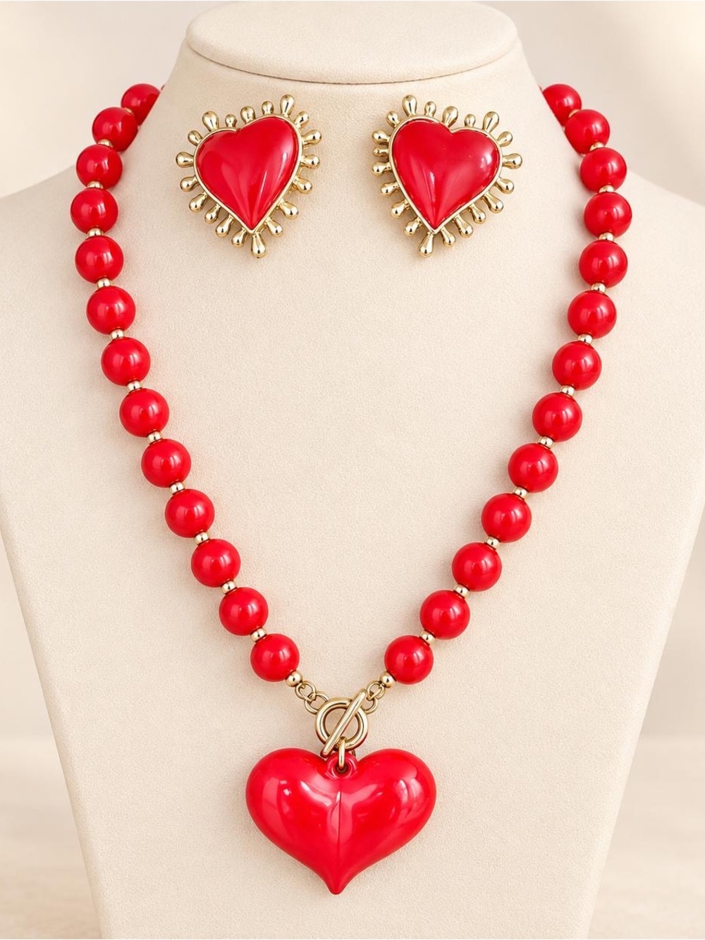Red Heart Pendant Necklace and Earrings Set - Brand: